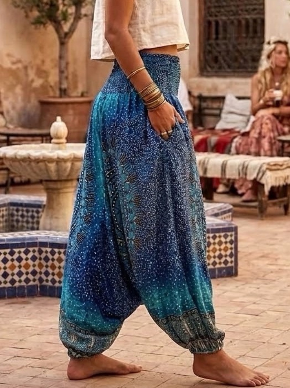 Banjamath | 2-in-1 Boho Convertible Harem Pants/Jumpsuit - 100% Rayon - Blue